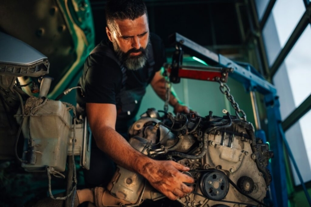 Mechanic adjusting components on the car engine with a wrench